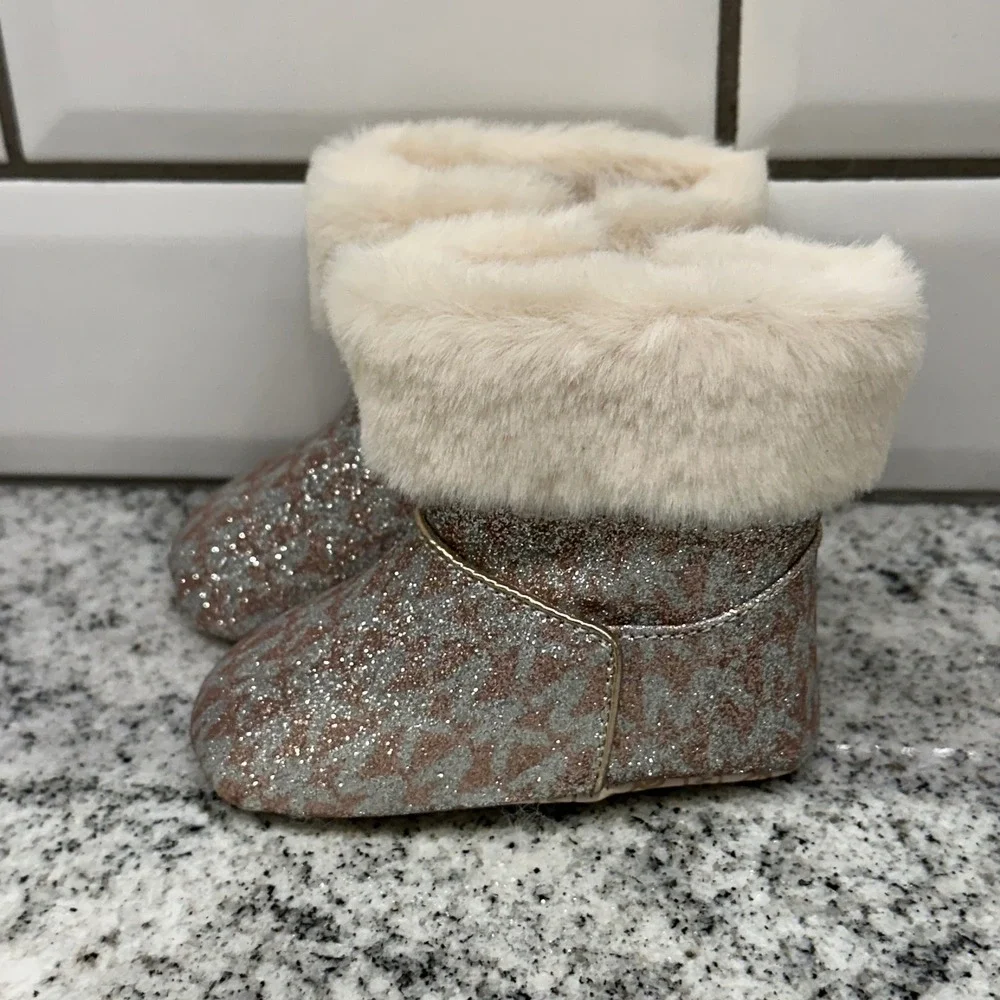 Michael Kors Baby Infant Sz 2 Booties Rose Gold Glitter Faux Fur Emma Bliss Chic